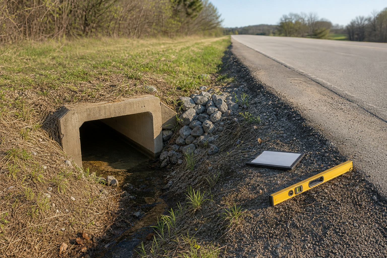 A roadside drainage culvert with a level and notebook nearby.