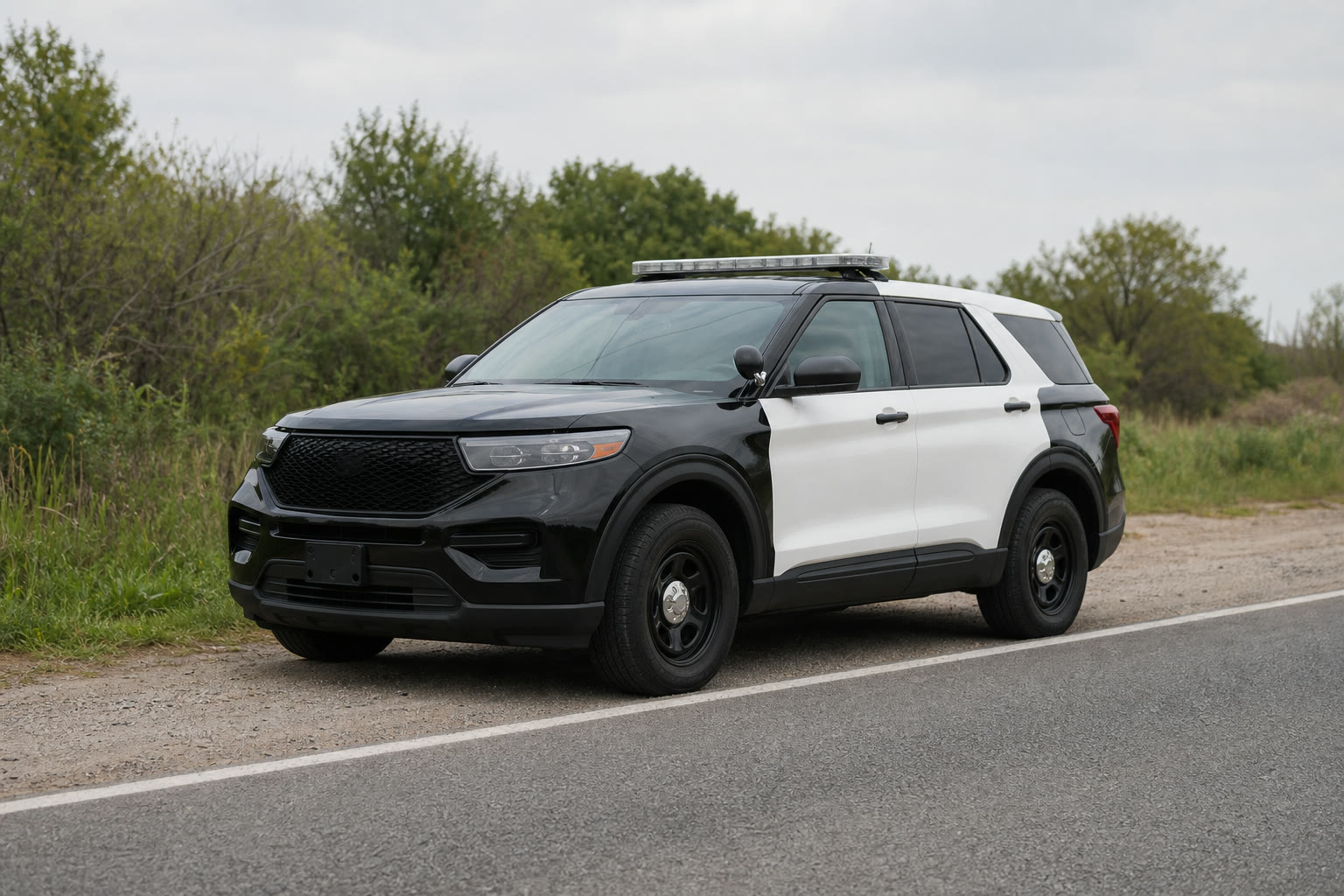 A black-and-white county patrol SUV parked beside a quiet county road.